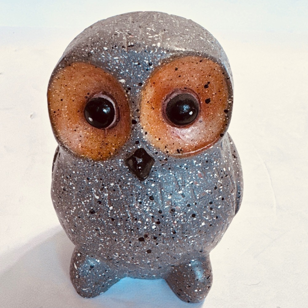 Vintage Speckled Grey Owl Figurine Stone Look‎ Resin Decor 4 Inch MCM Style